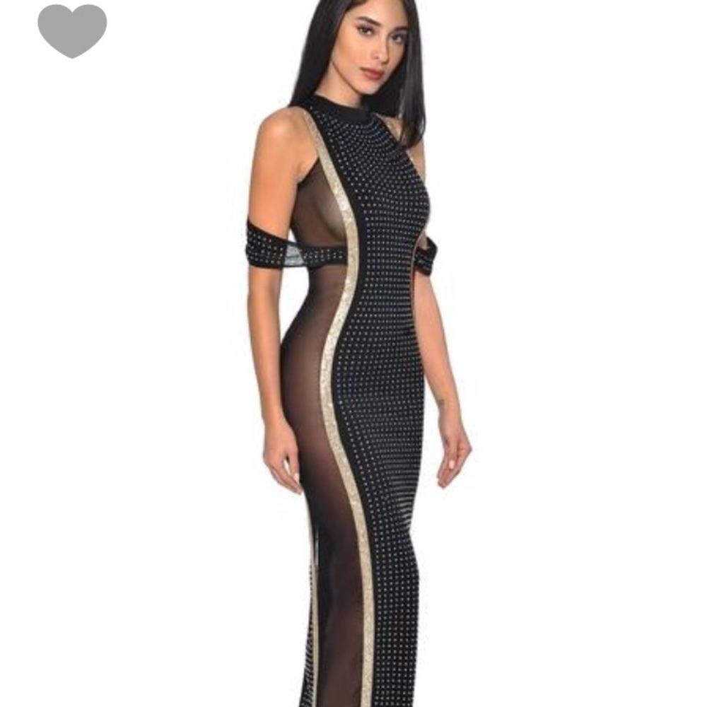 Crystal Embellished Draped side mesh Dress